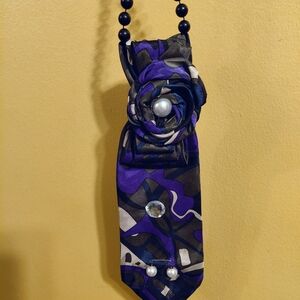 Stylish Purple/Black Women's Redesigned Necktie with Floral Detail,100% Silk